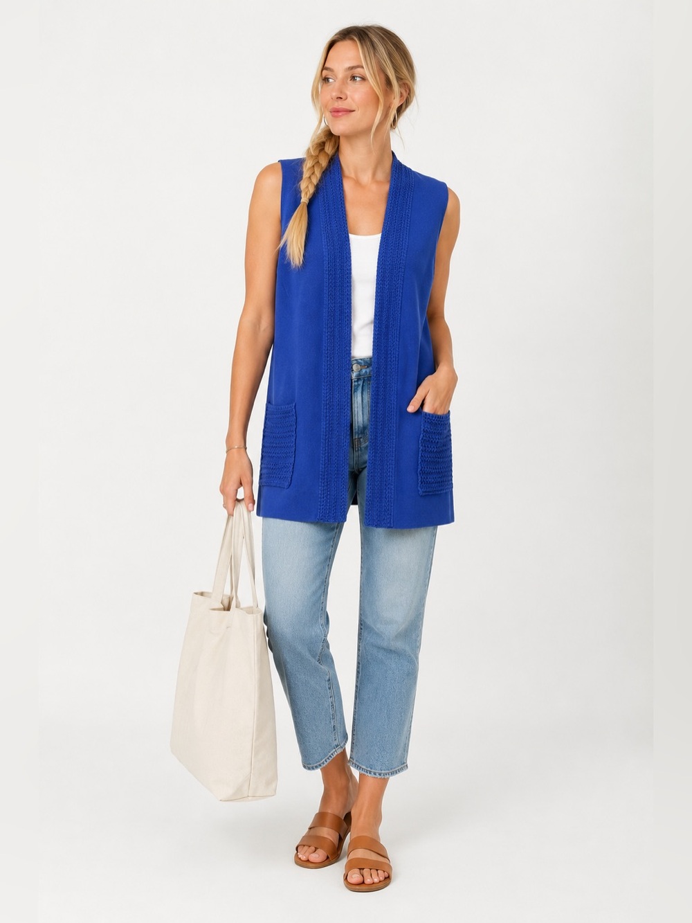 Vintage Hedy Knits Cobalt Royal Blue Crochet Trim & Pockets Open Front Long Vest